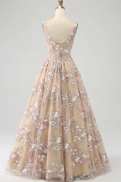 Luxuoso A Line Square Neck Champagne Corset Prom Dress com Appliques