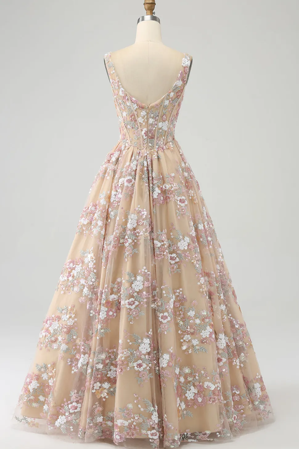 Luxuoso A Line Square Neck Champagne Corset Prom Dress com Appliques