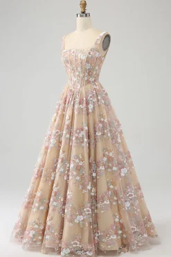 Luxuoso A Line Square Neck Champagne Corset Prom Dress com Appliques