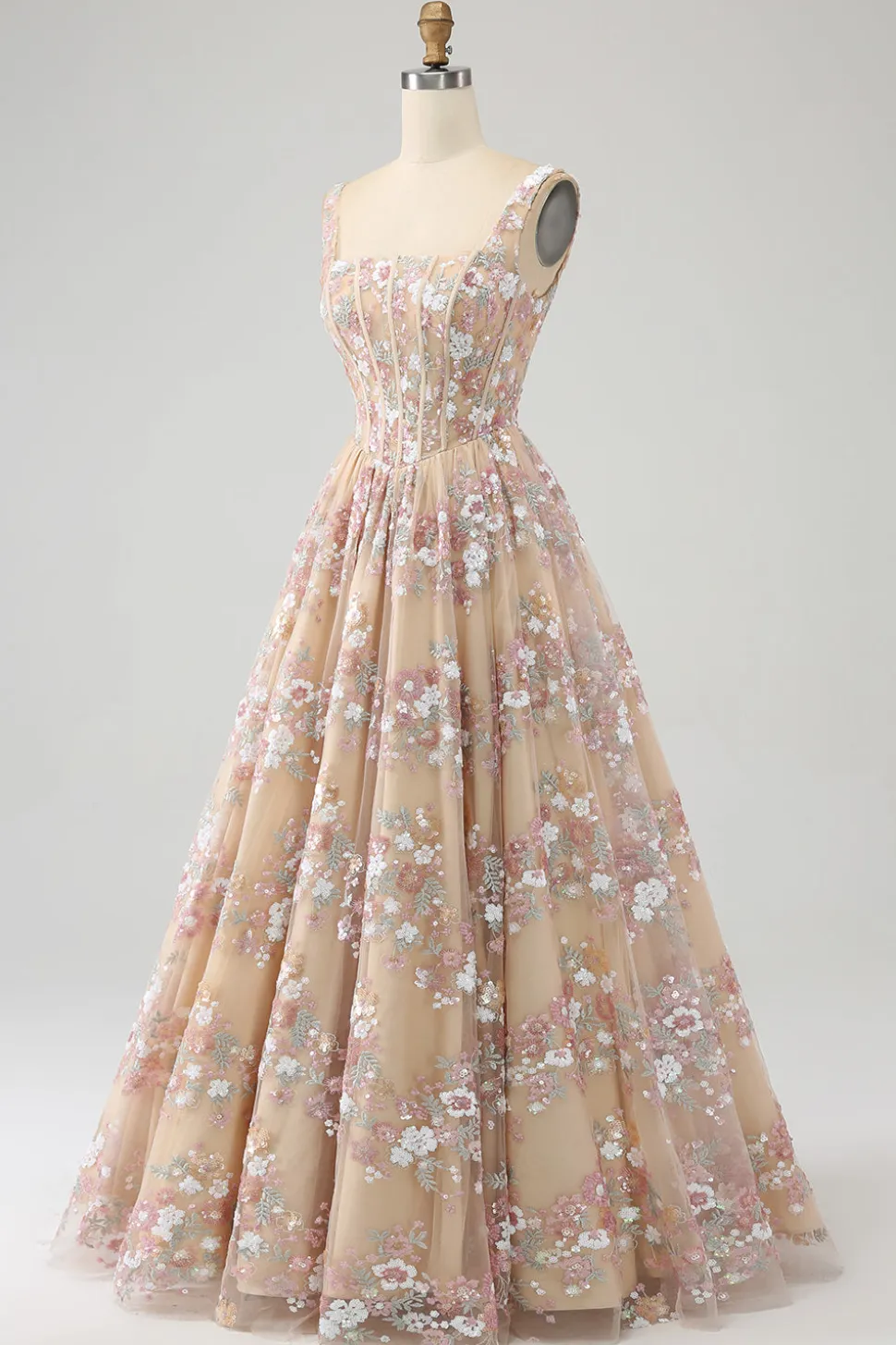 Luxuoso A Line Square Neck Champagne Corset Prom Dress com Appliques