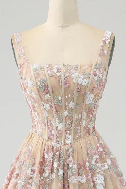 Luxuoso A Line Square Neck Champagne Corset Prom Dress com Appliques