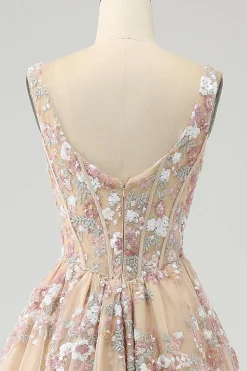 Luxuoso A Line Square Neck Champagne Corset Prom Dress com Appliques
