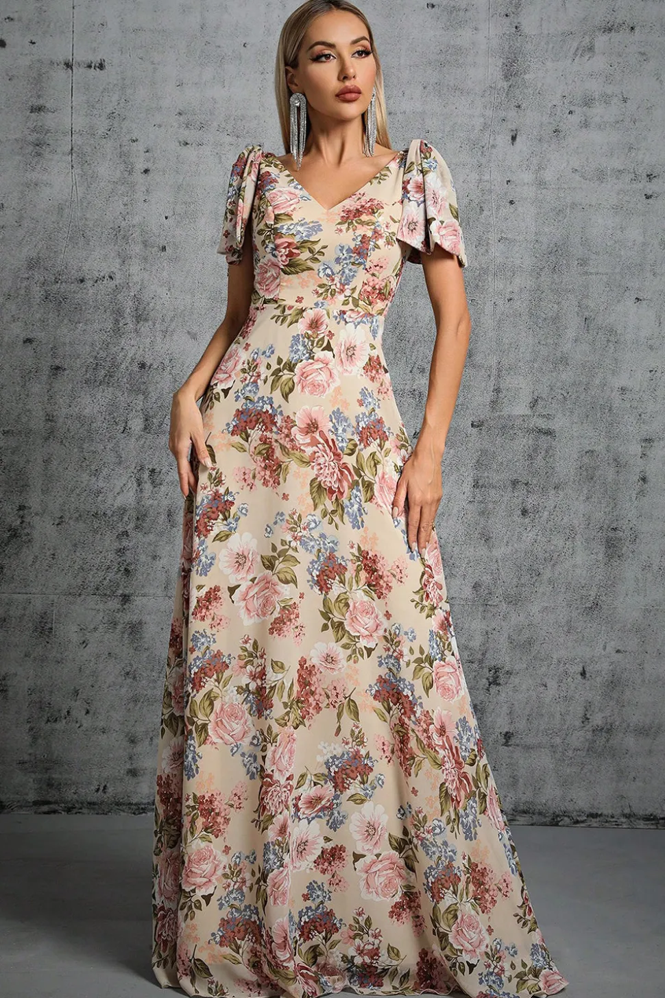Luz Khaki Floral Estampado A-Line V-neck Long Prom Dress