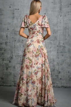 Luz Khaki Floral Estampado A-Line V-neck Long Prom Dress
