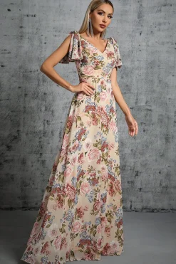 Luz Khaki Floral Estampado A-Line V-neck Long Prom Dress