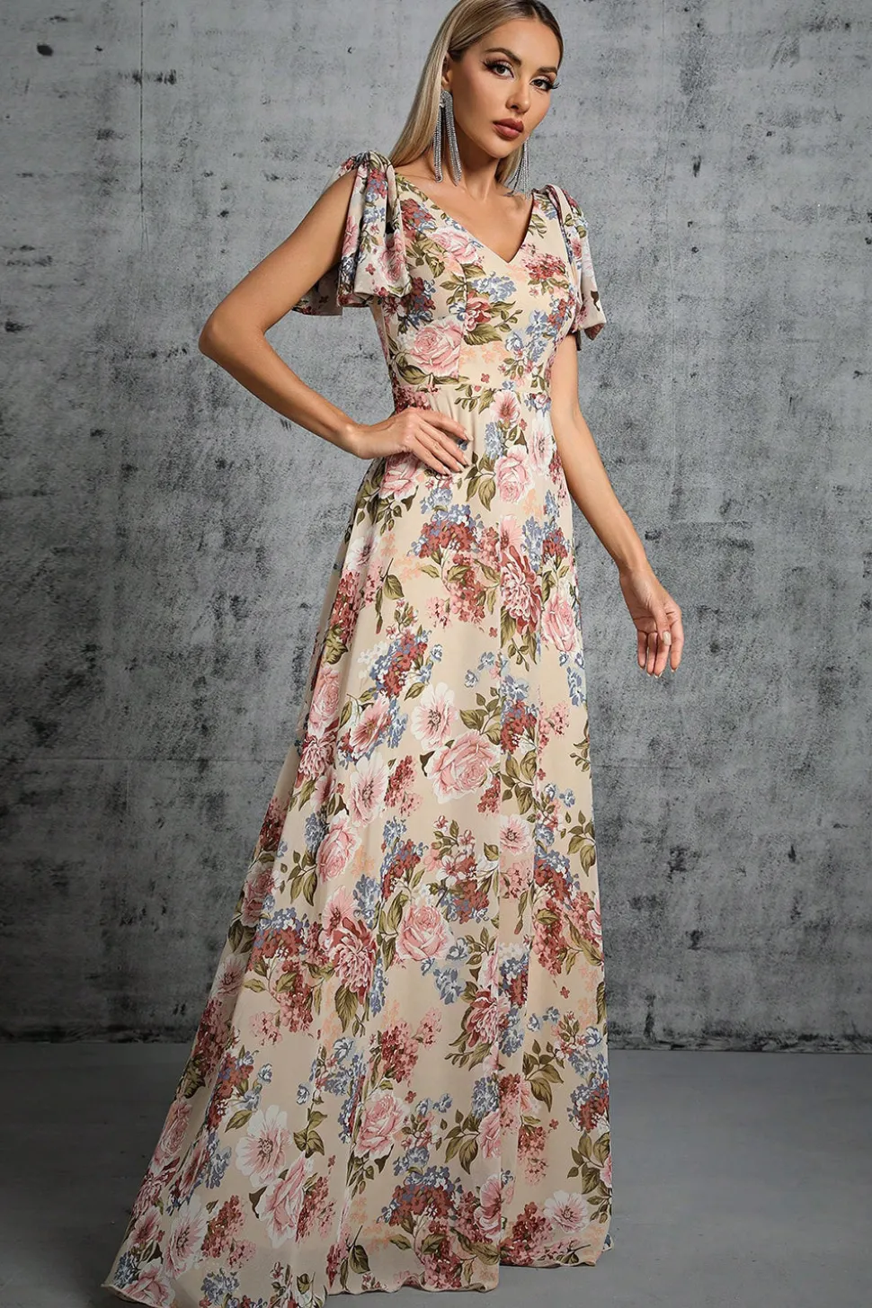 Luz Khaki Floral Estampado A-Line V-neck Long Prom Dress