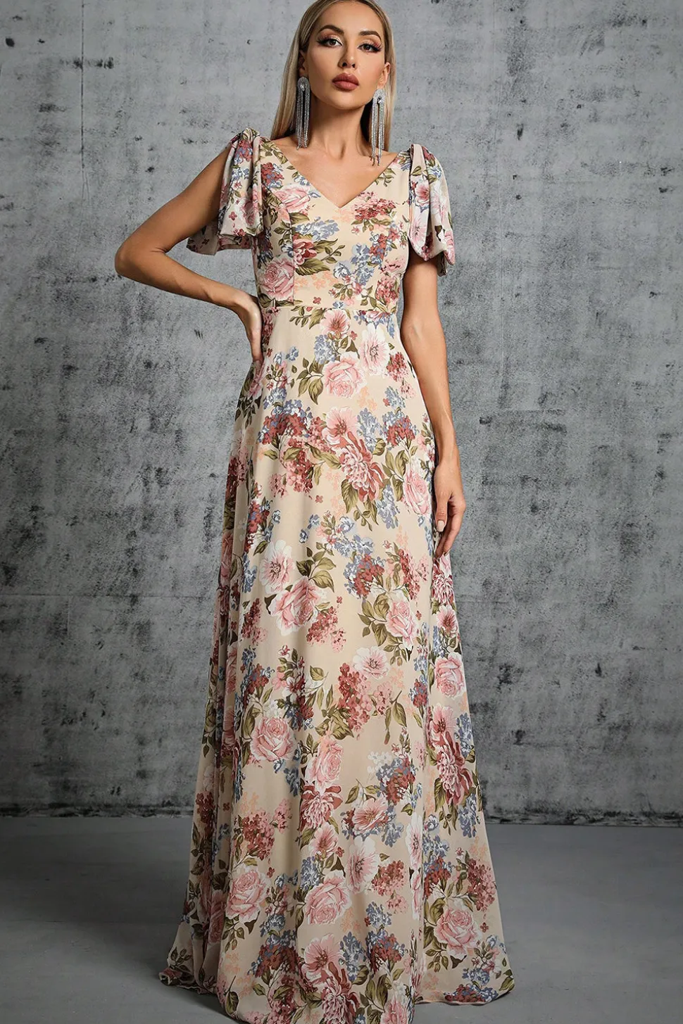 Luz Khaki Floral Estampado A-Line V-neck Long Prom Dress