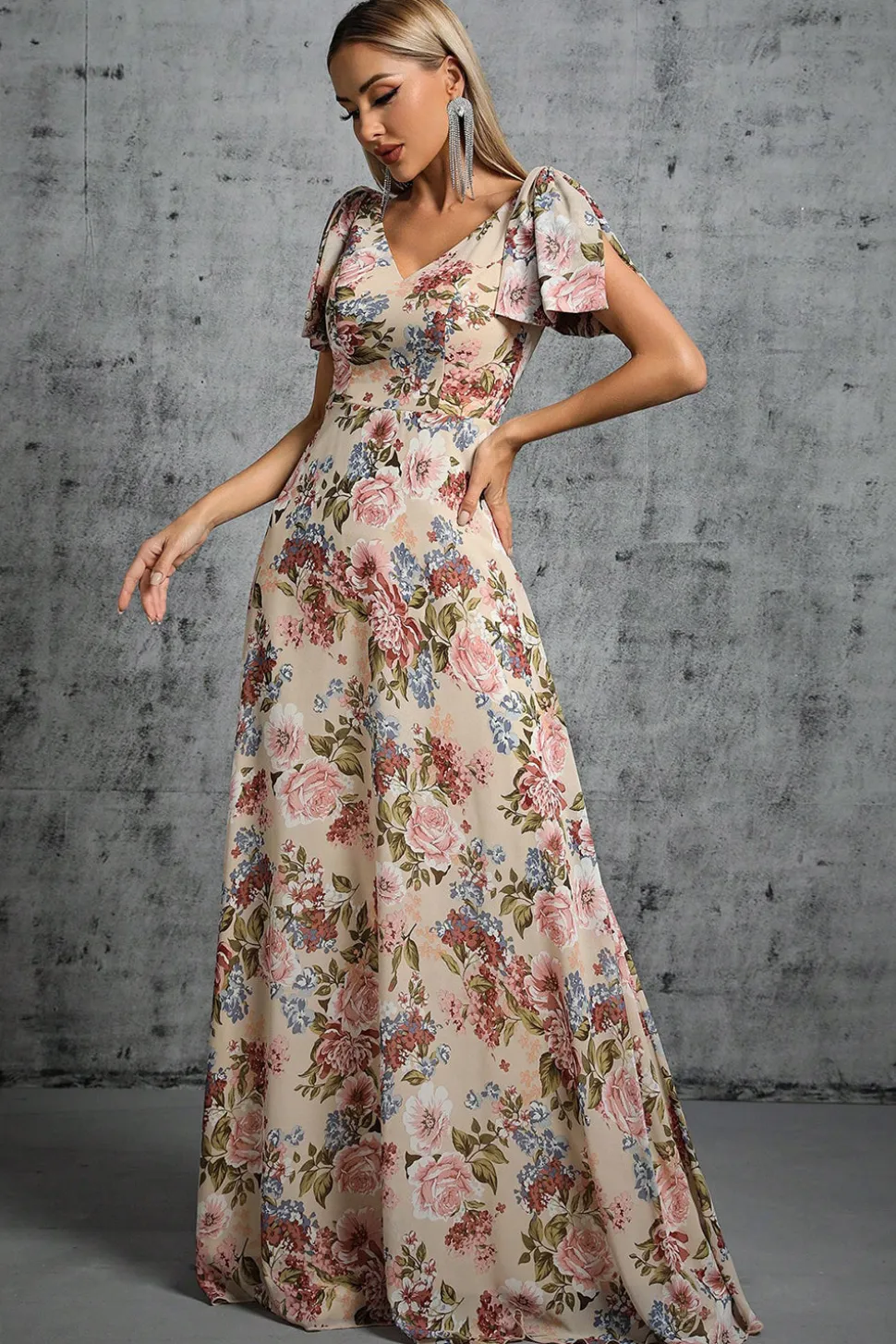 Luz Khaki Floral Estampado A-Line V-neck Long Prom Dress