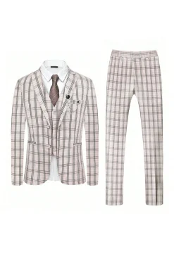 Luz Khaki Plaid Notched Lapela 3 Peças Ternos Masculinos