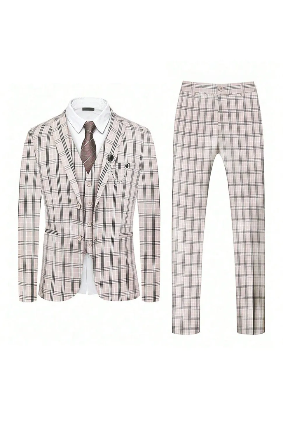 Luz Khaki Plaid Notched Lapela 3 Peças Ternos Masculinos