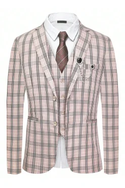 Luz Khaki Plaid Notched Lapela 3 Peças Ternos Masculinos