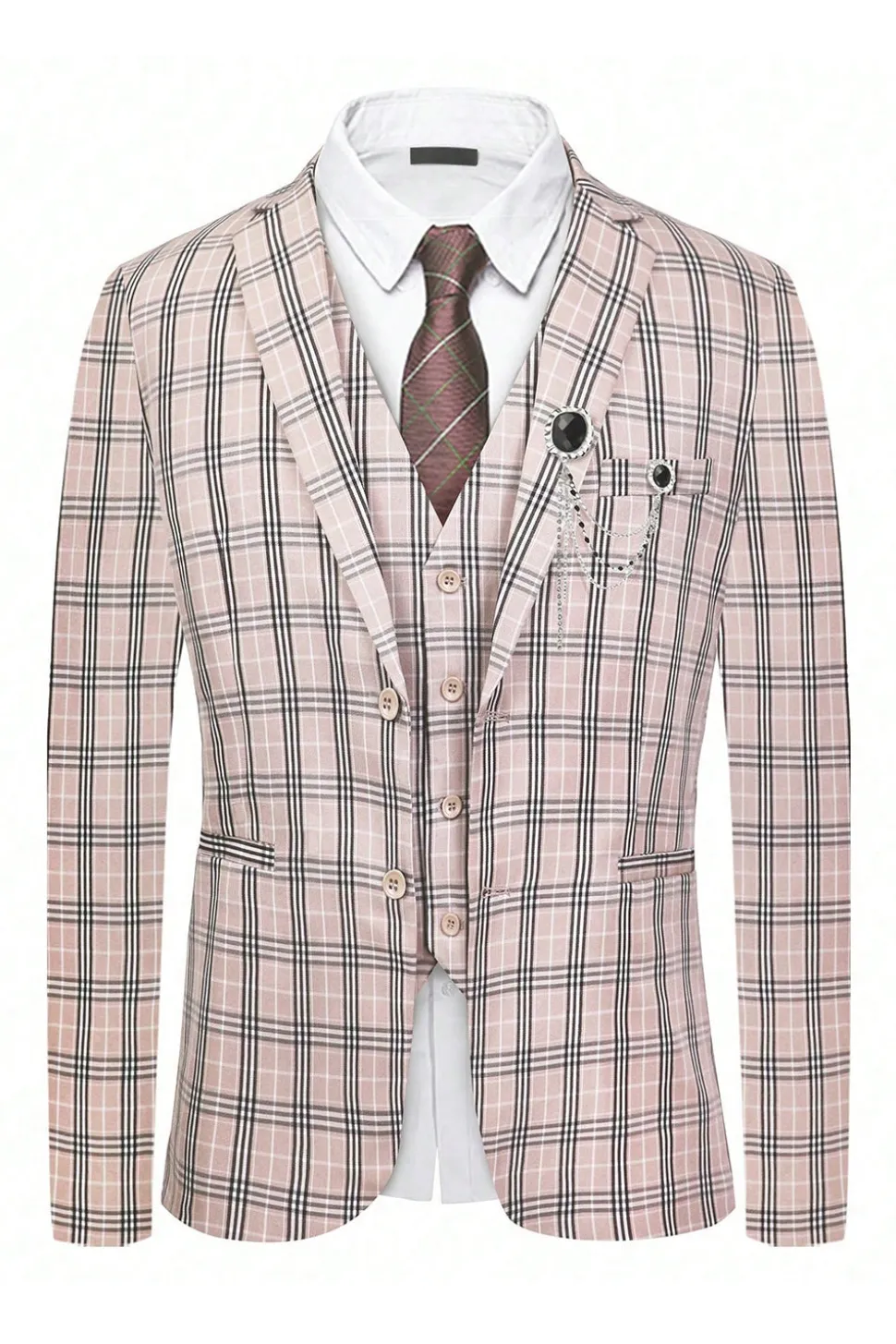 Luz Khaki Plaid Notched Lapela 3 Peças Ternos Masculinos