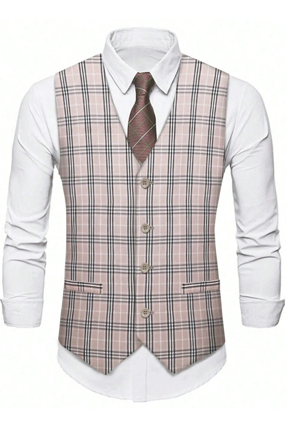 Luz Khaki Plaid Notched Lapela 3 Peças Ternos Masculinos