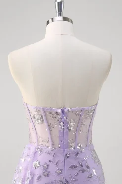 Luz roxa sereia espartilho sem alças vestido de baile de lantejoulas com fenda