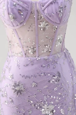 Luz roxa sereia espartilho sem alças vestido de baile de lantejoulas com fenda
