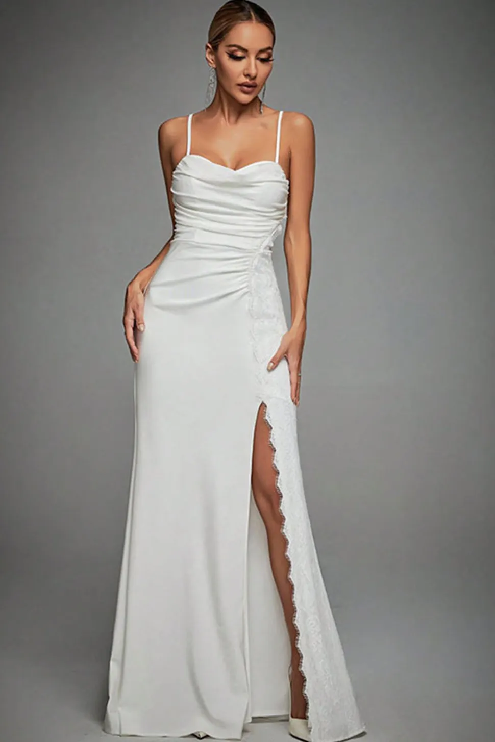 Lvory Espaghetti Correias Sereia Ruched Vestido de Noiva Longo com Fenda
