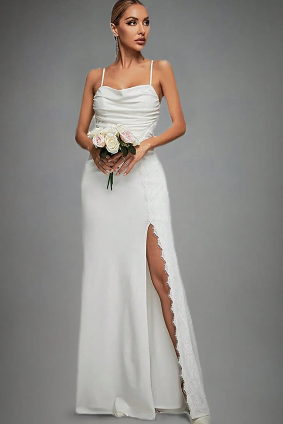 Lvory Espaghetti Correias Sereia Ruched Vestido de Noiva Longo com Fenda