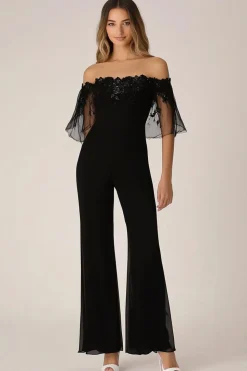 Macacões formais Black Off the Shoulder Chiffon com apliques