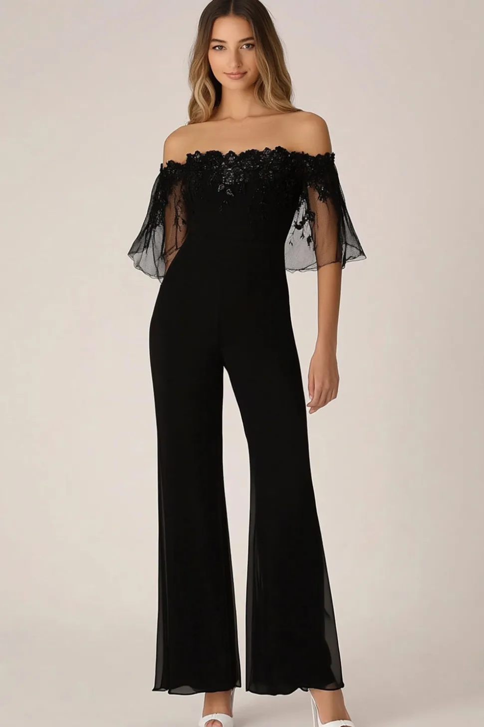 Macacões formais Black Off the Shoulder Chiffon com apliques