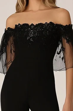 Macacões formais Black Off the Shoulder Chiffon com apliques