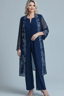 Macacão Marinha Appliques Chiffon Mangas Longas Pescoço Quadrado Mãe dos Conjuntos de Noivas