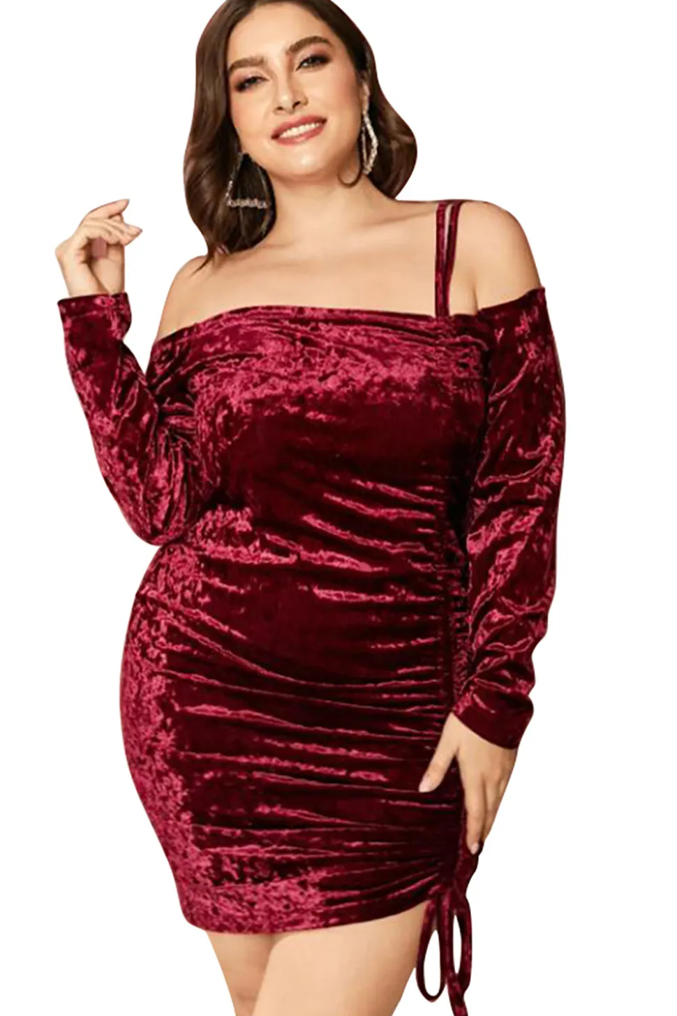 Mais Tamanho Borgonho Vestido de Veludo