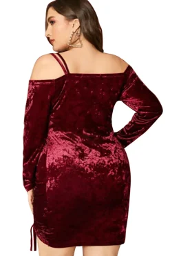 Mais Tamanho Borgonho Vestido de Veludo