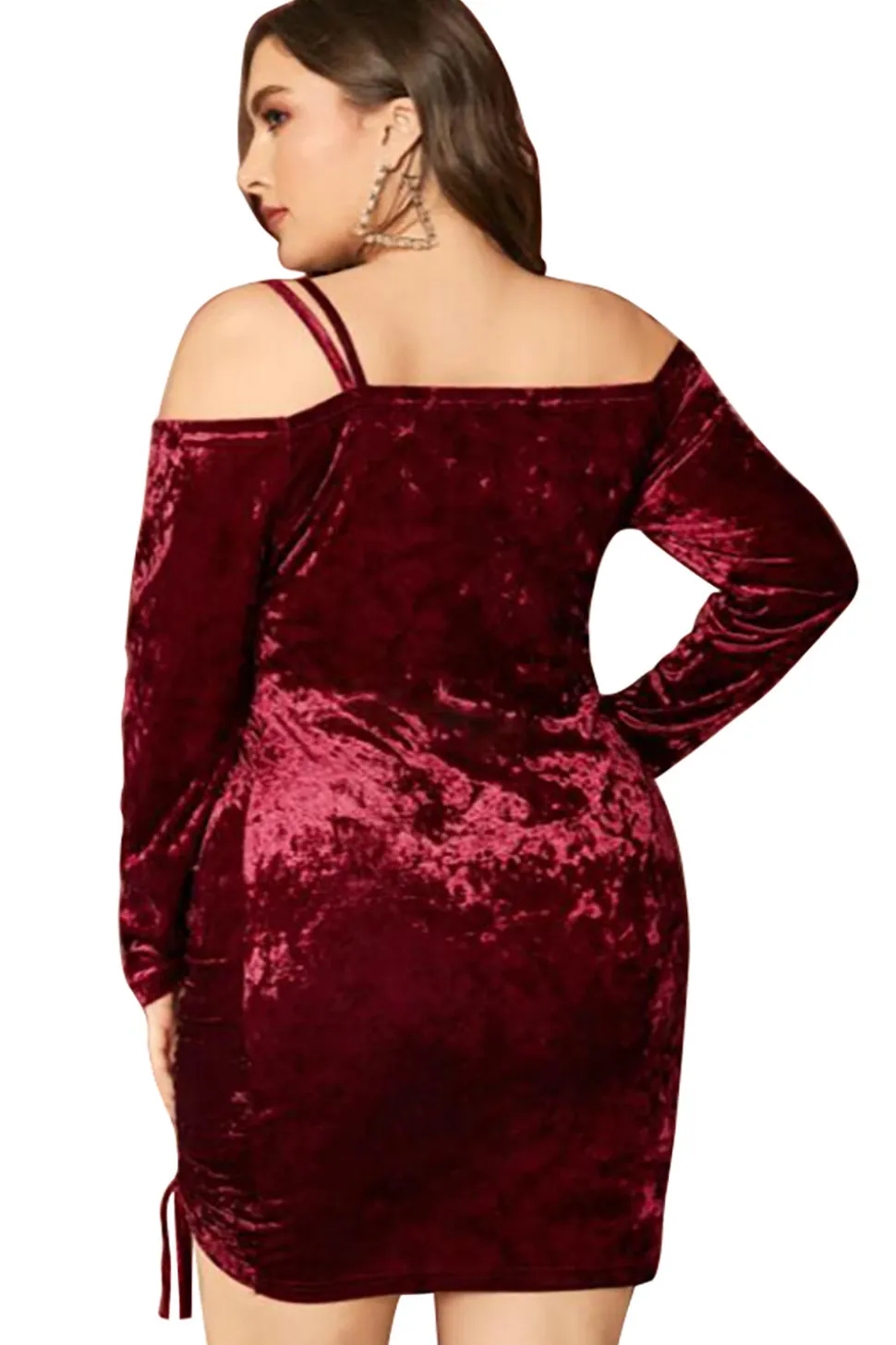 Mais Tamanho Borgonho Vestido de Veludo