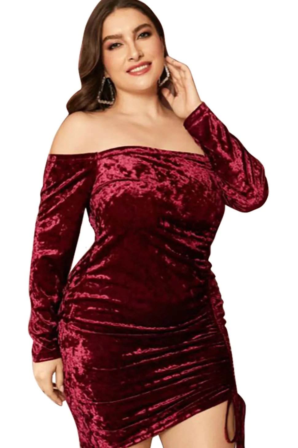 Mais Tamanho Borgonho Vestido de Veludo