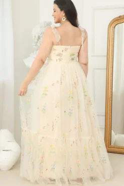 Mais tamanho champagne longo vestido de baile com bordado