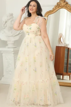 Mais tamanho champagne longo vestido de baile com bordado