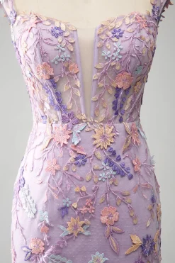 Malva Fora do Ombro Sereia Bordado Longo Vestido de Baile Fenda