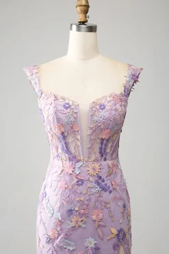 Malva Fora do Ombro Sereia Bordado Longo Vestido de Baile Fenda