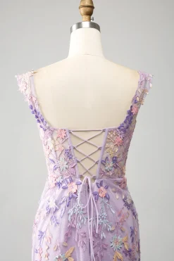Malva Fora do Ombro Sereia Bordado Longo Vestido de Baile Fenda