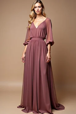 Malva Vintage Linha-A Decote em V Chiffon Longo Vestido Mae Noiva