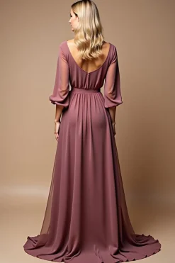 Malva Vintage Linha-A Decote em V Chiffon Longo Vestido Mae Noiva