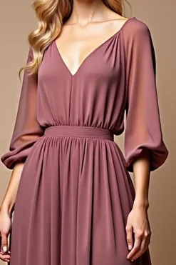 Malva Vintage Linha-A Decote em V Chiffon Longo Vestido Mae Noiva