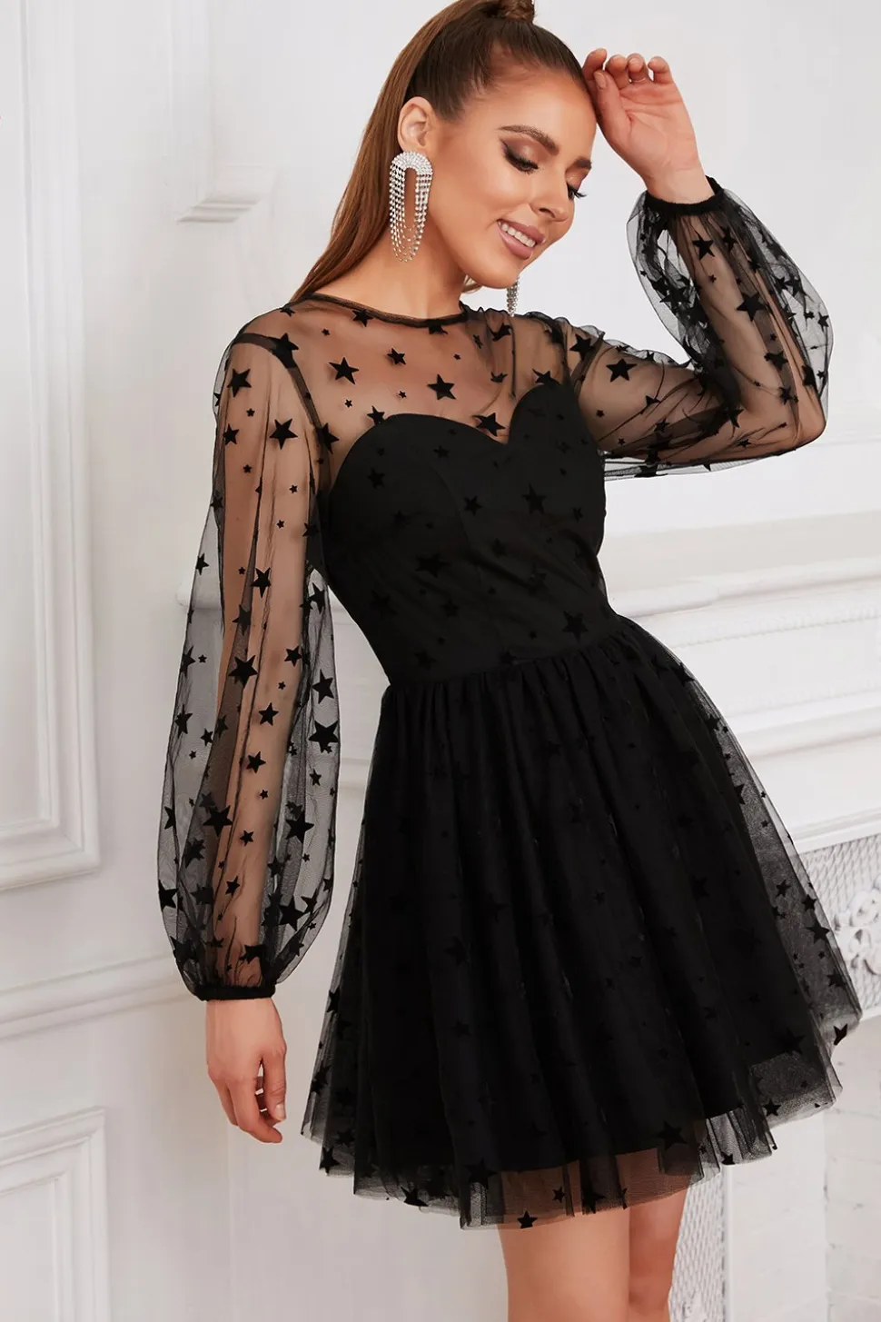 Manga comprida Tulle Pequeno Vestido Preto