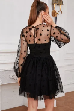 Manga comprida Tulle Pequeno Vestido Preto