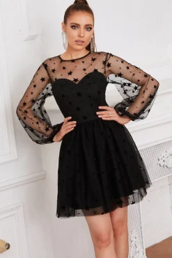 Manga comprida Tulle Pequeno Vestido Preto