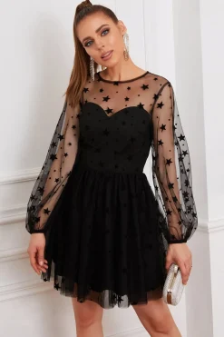 Manga comprida Tulle Pequeno Vestido Preto
