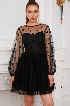 Manga comprida Tulle Pequeno Vestido Preto