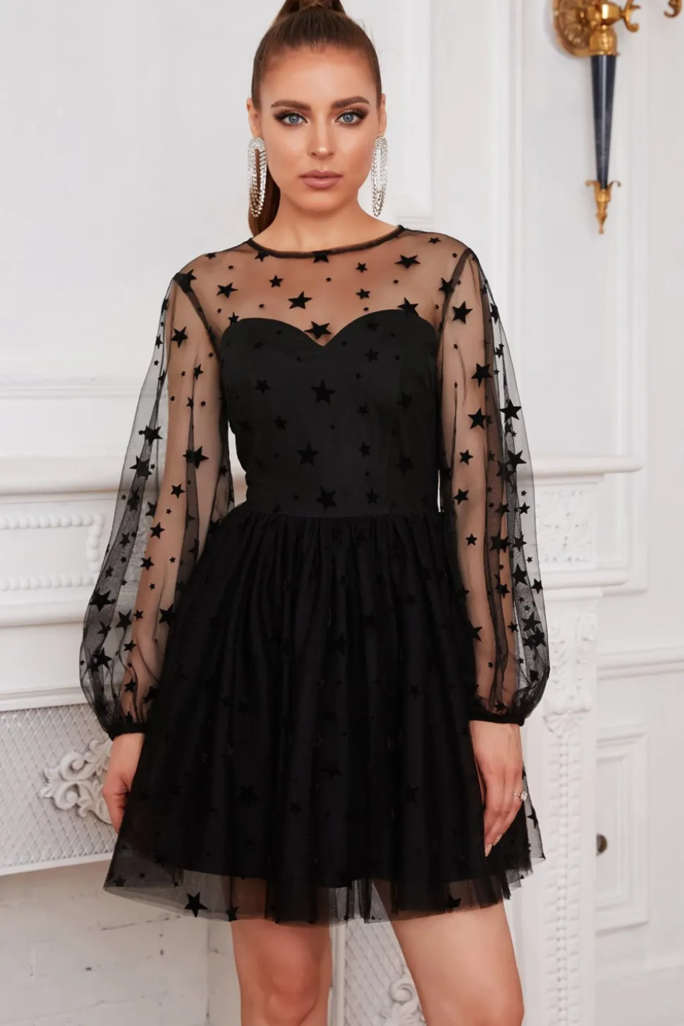 Manga comprida Tulle Pequeno Vestido Preto