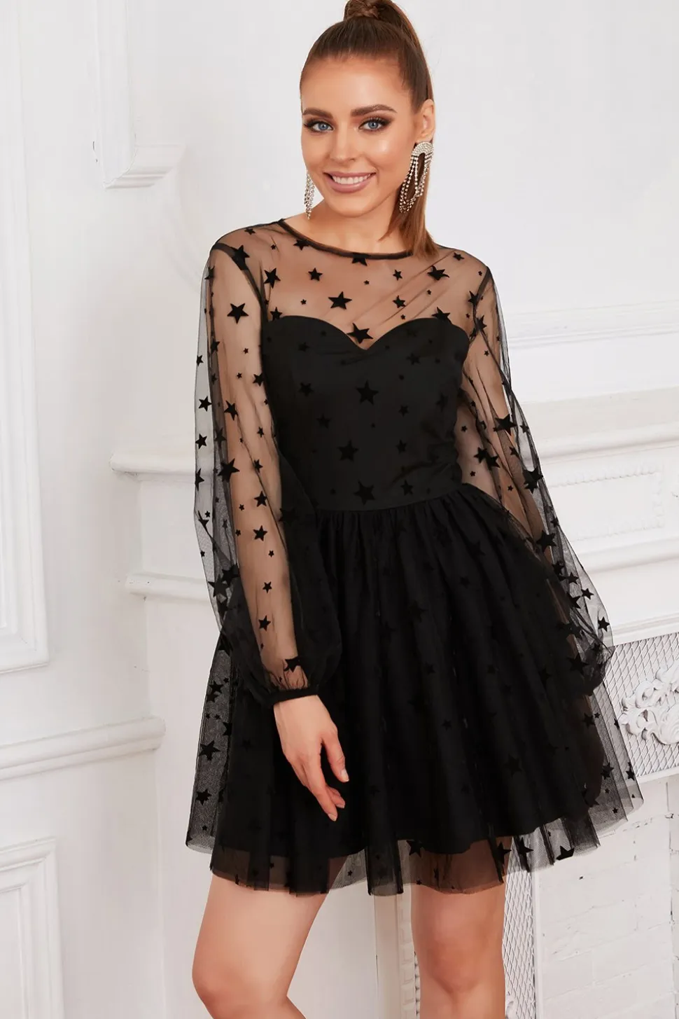 Manga comprida Tulle Pequeno Vestido Preto