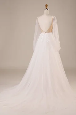 Mangas compridas abrem para trás vestido de noiva de marfim com apliques