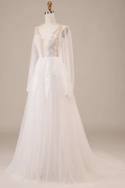 Mangas compridas abrem para trás vestido de noiva de marfim com apliques