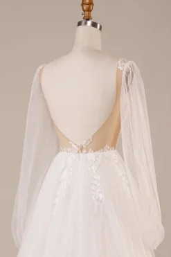 Mangas compridas abrem para trás vestido de noiva de marfim com apliques