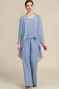 Mangas Compridas Azul Cinza 3 Peça Pant Suits