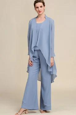 Mangas Compridas Azul Cinza 3 Peça Pant Suits