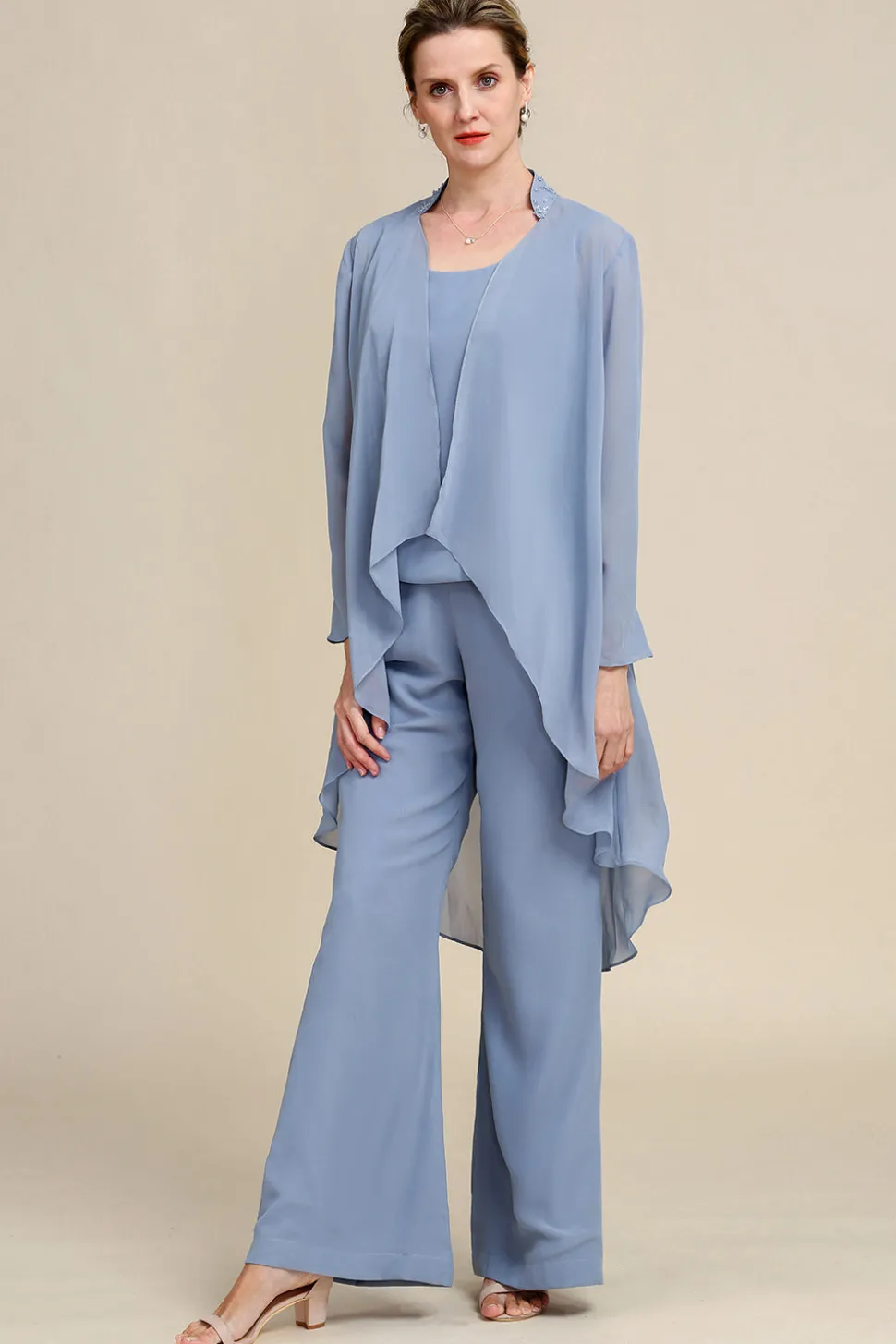 Mangas Compridas Azul Cinza 3 Peça Pant Suits